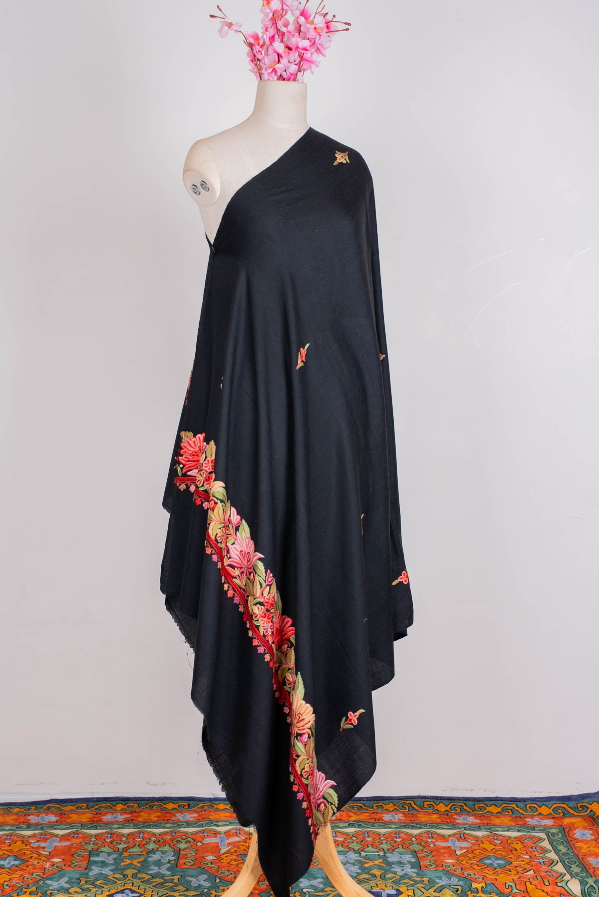 Fine Merino Wool Aari Hand Embroidered Shawl with Rich Floral Vine Detailing