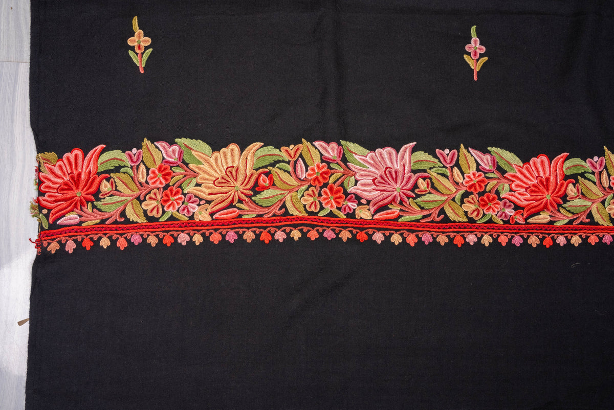 Fine Merino Wool Aari Hand Embroidered Shawl with Rich Floral Vine Detailing