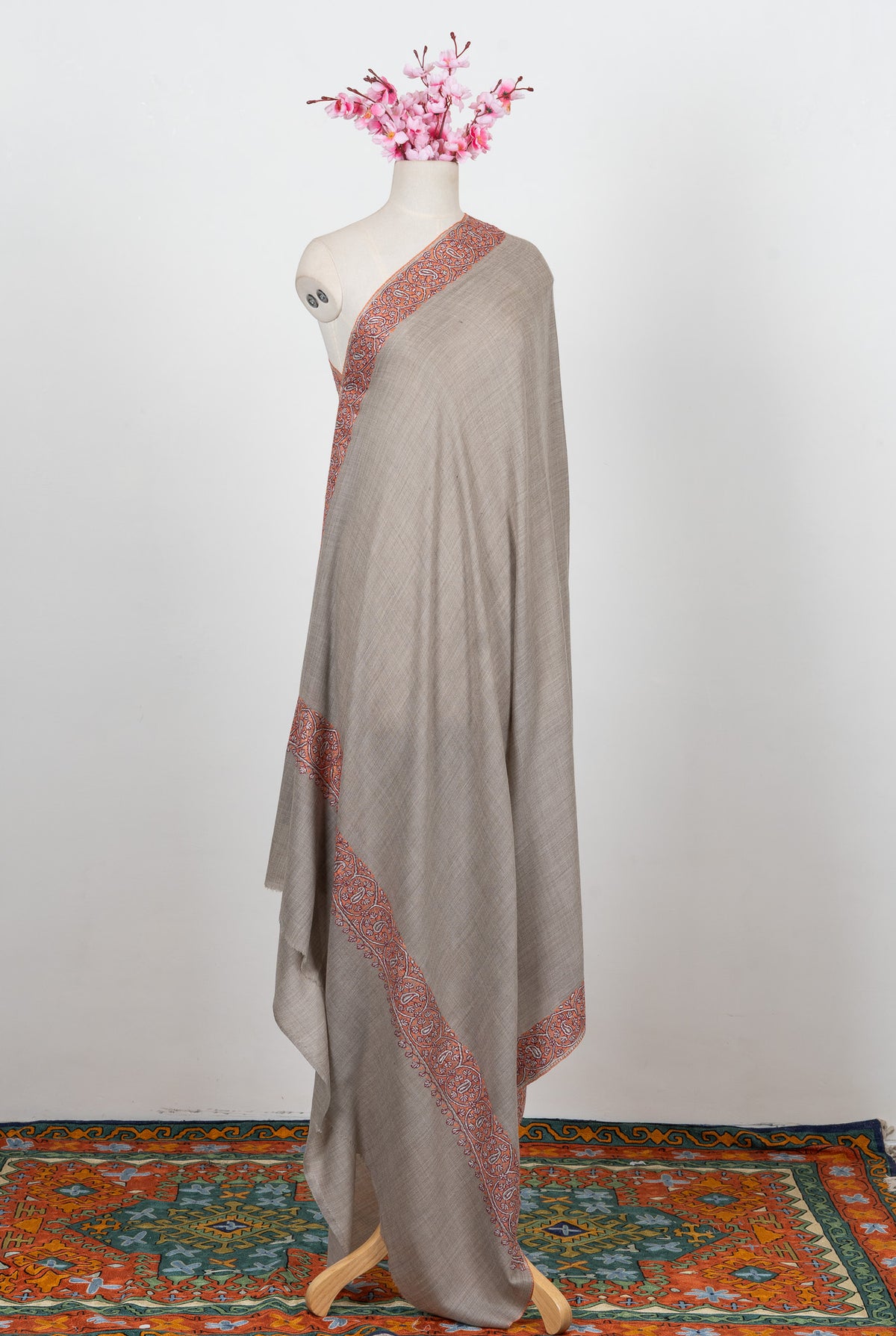 Ash Clay Heritage 2.5 Yards Sozni Hand Embroidered Shawl