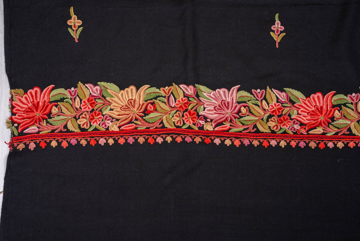 Fine Merino Wool Aari Hand Embroidered Shawl with Rich Floral Vine Detailing