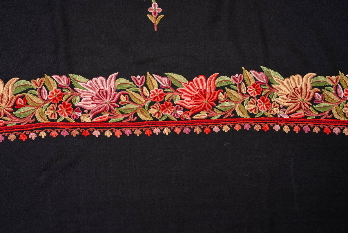 Fine Merino Wool Aari Hand Embroidered Shawl with Rich Floral Vine Detailing