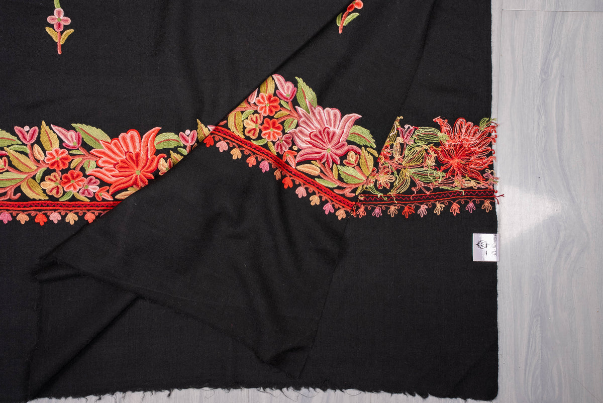 Fine Merino Wool Aari Hand Embroidered Shawl with Rich Floral Vine Detailing