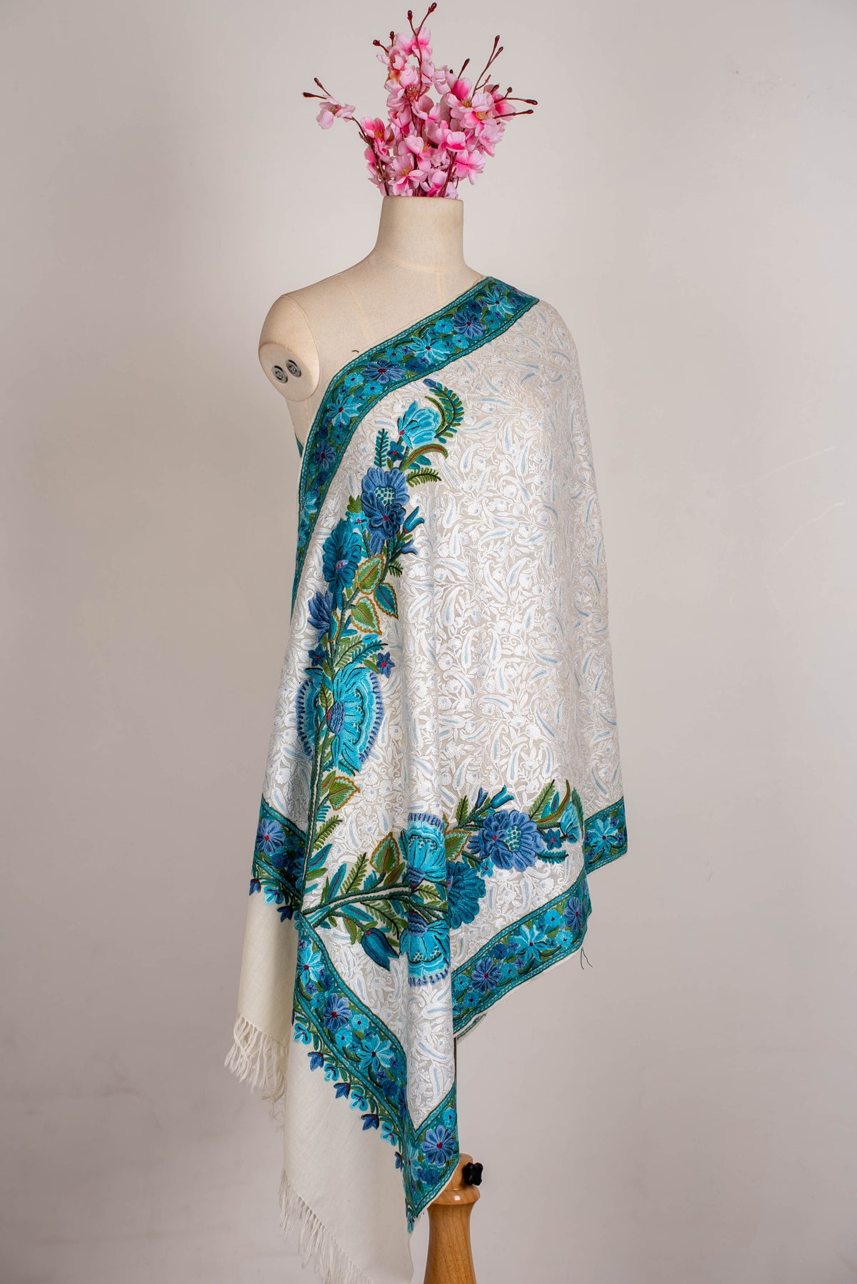 Fine Merino Wool Aari Hand Embroidered Scarf with Turquoise Floral Border