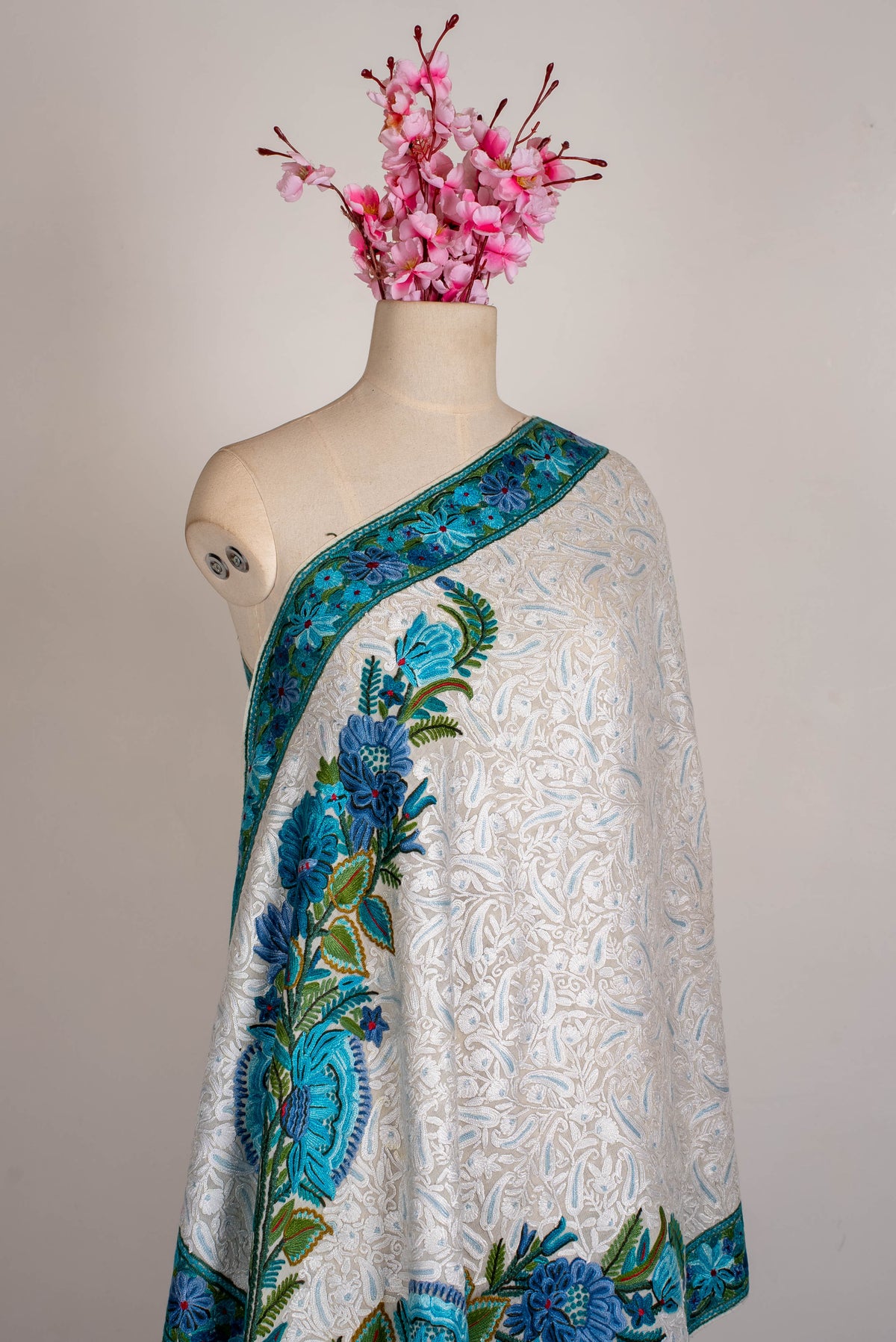 Fine Merino Wool Aari Hand Embroidered Scarf with Turquoise Floral Border