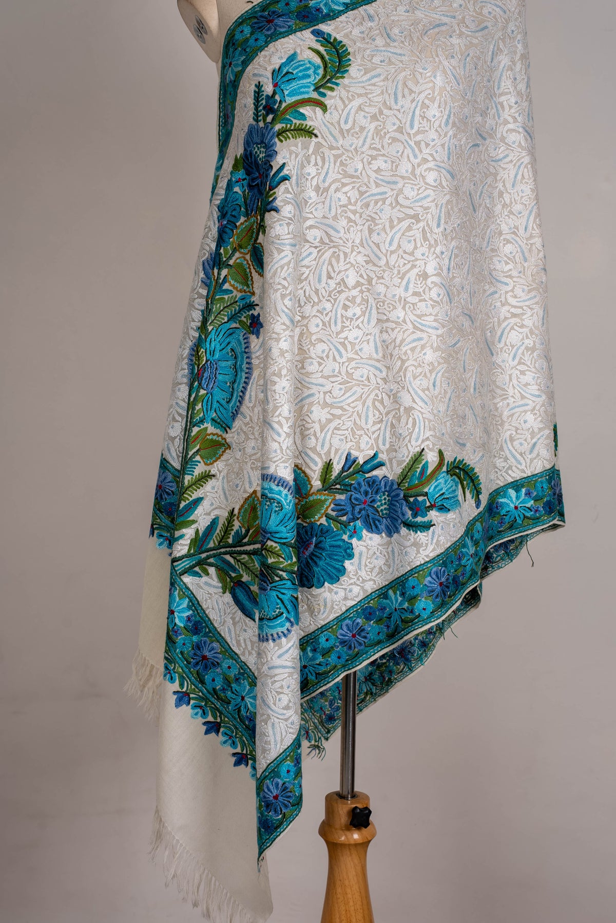 Fine Merino Wool Aari Hand Embroidered Scarf with Turquoise Floral Border