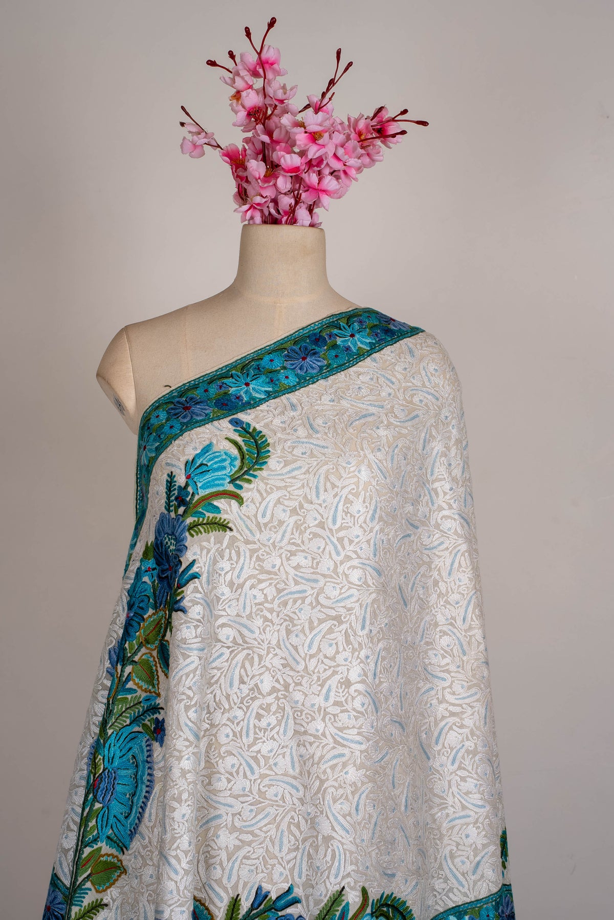 Fine Merino Wool Aari Hand Embroidered Scarf with Turquoise Floral Border