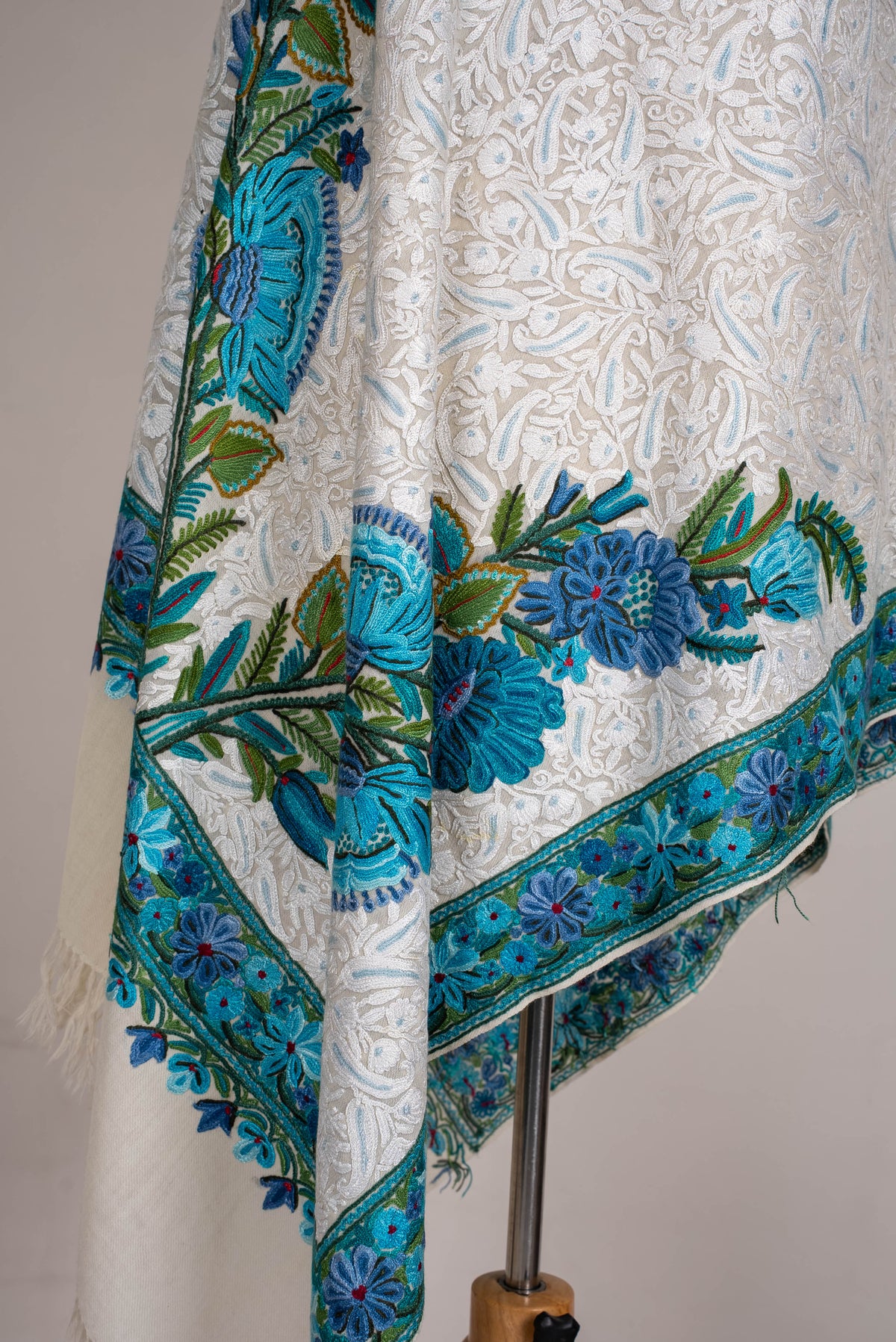 Fine Merino Wool Aari Hand Embroidered Scarf with Turquoise Floral Border