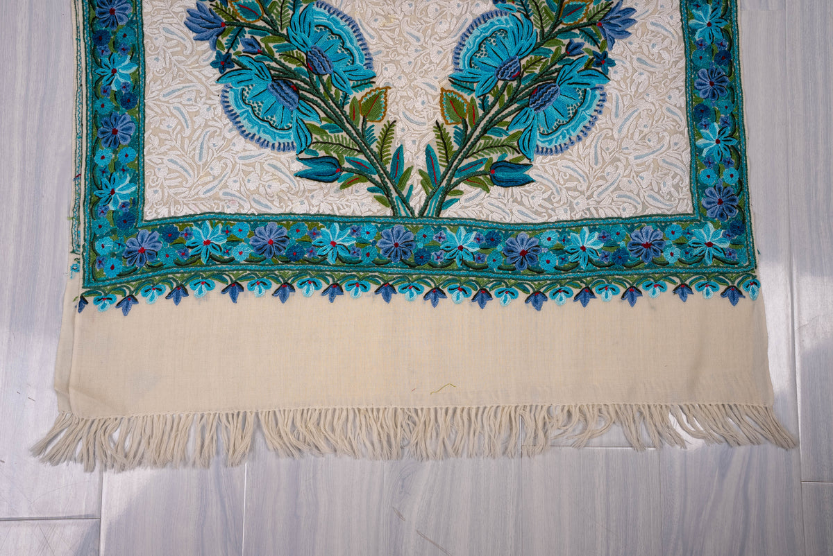 Fine Merino Wool Aari Hand Embroidered Scarf with Turquoise Floral Border