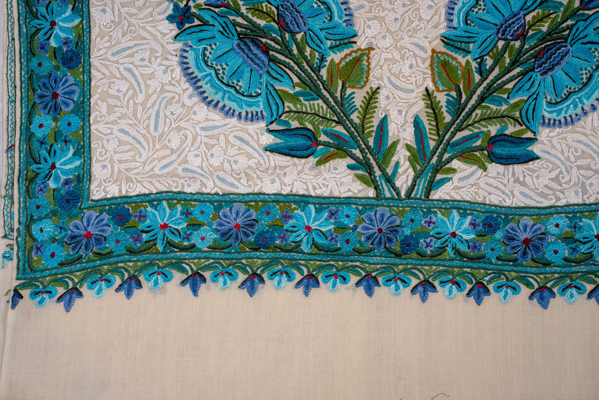 Fine Merino Wool Aari Hand Embroidered Scarf with Turquoise Floral Border