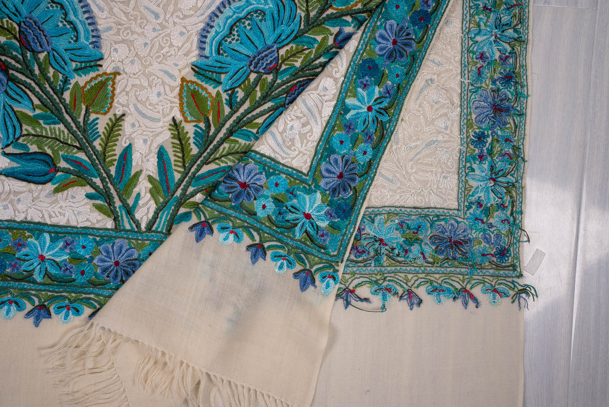 Fine Merino Wool Aari Hand Embroidered Scarf with Turquoise Floral Border