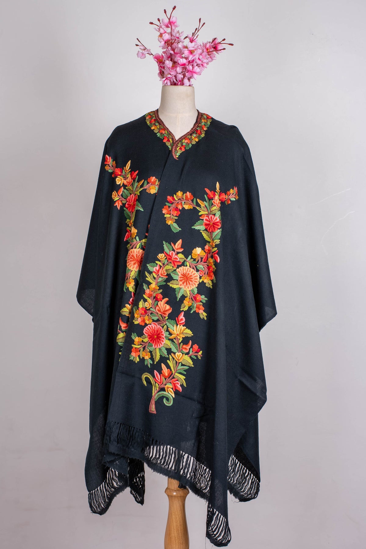 Hand Embroidered Open Front Shawl/Cape with Vibrant Floral Vine Design