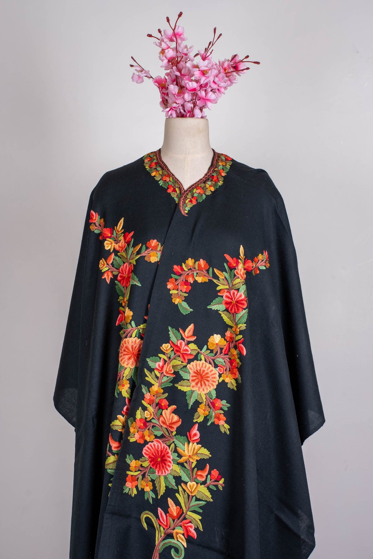 Hand Embroidered Open Front Shawl/Cape with Vibrant Floral Vine Design
