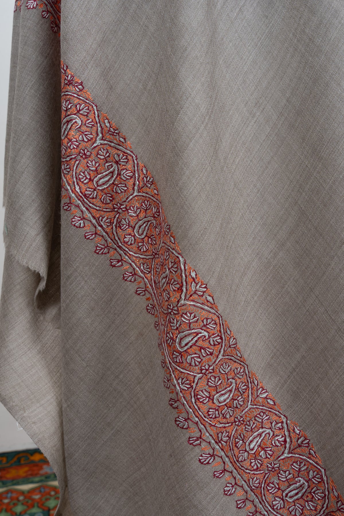 Ash Clay Heritage 2.5 Yards Sozni Hand Embroidered Shawl