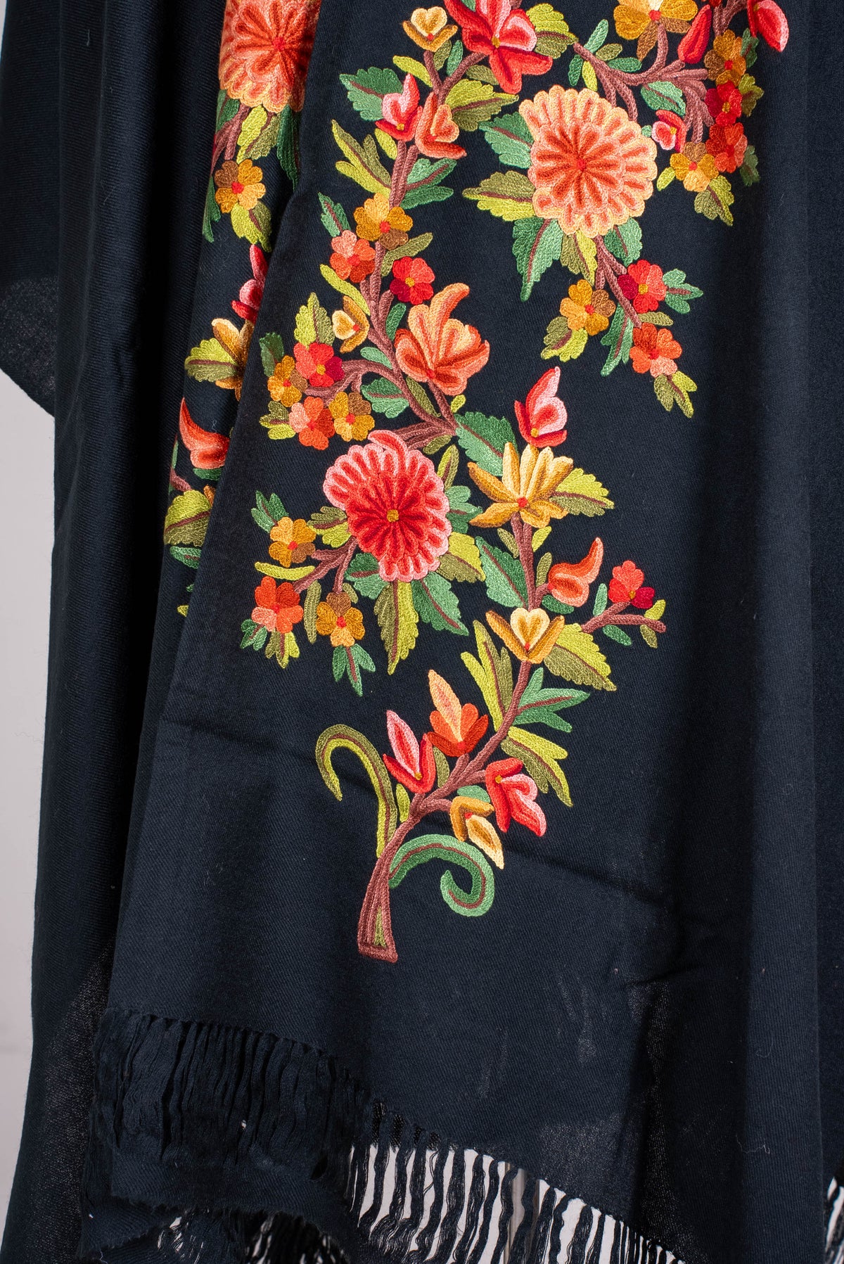 Hand Embroidered Open Front Shawl/Cape with Vibrant Floral Vine Design