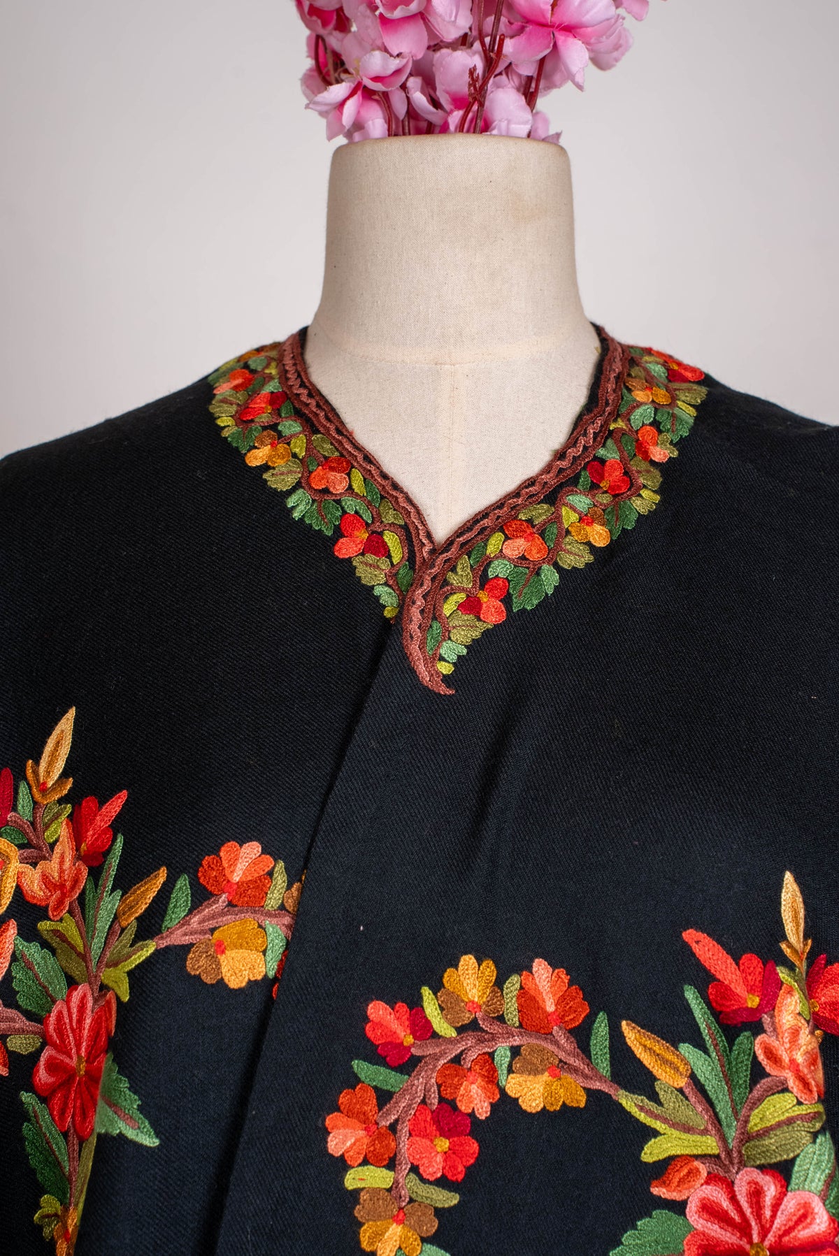 Hand Embroidered Open Front Shawl/Cape with Vibrant Floral Vine Design