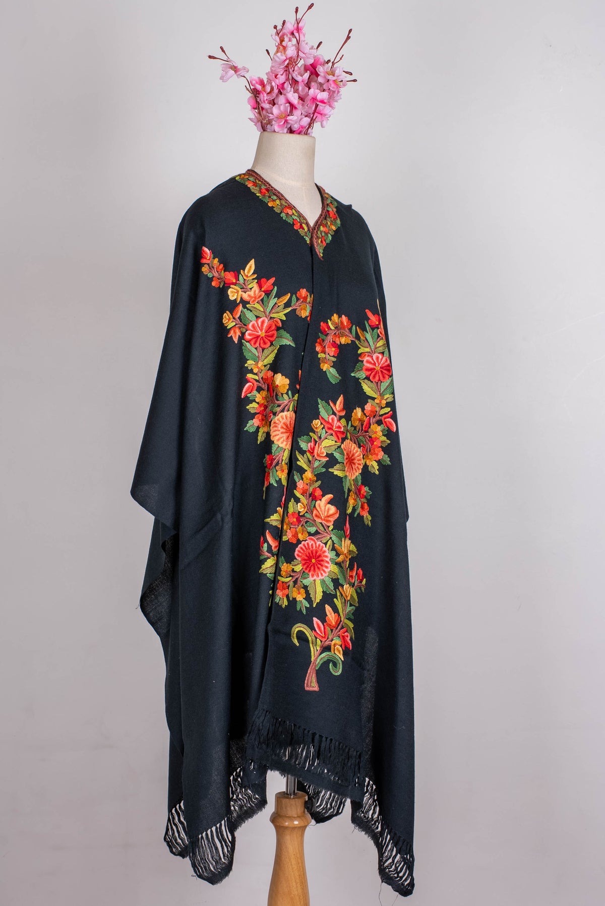 Hand Embroidered Open Front Shawl/Cape with Vibrant Floral Vine Design
