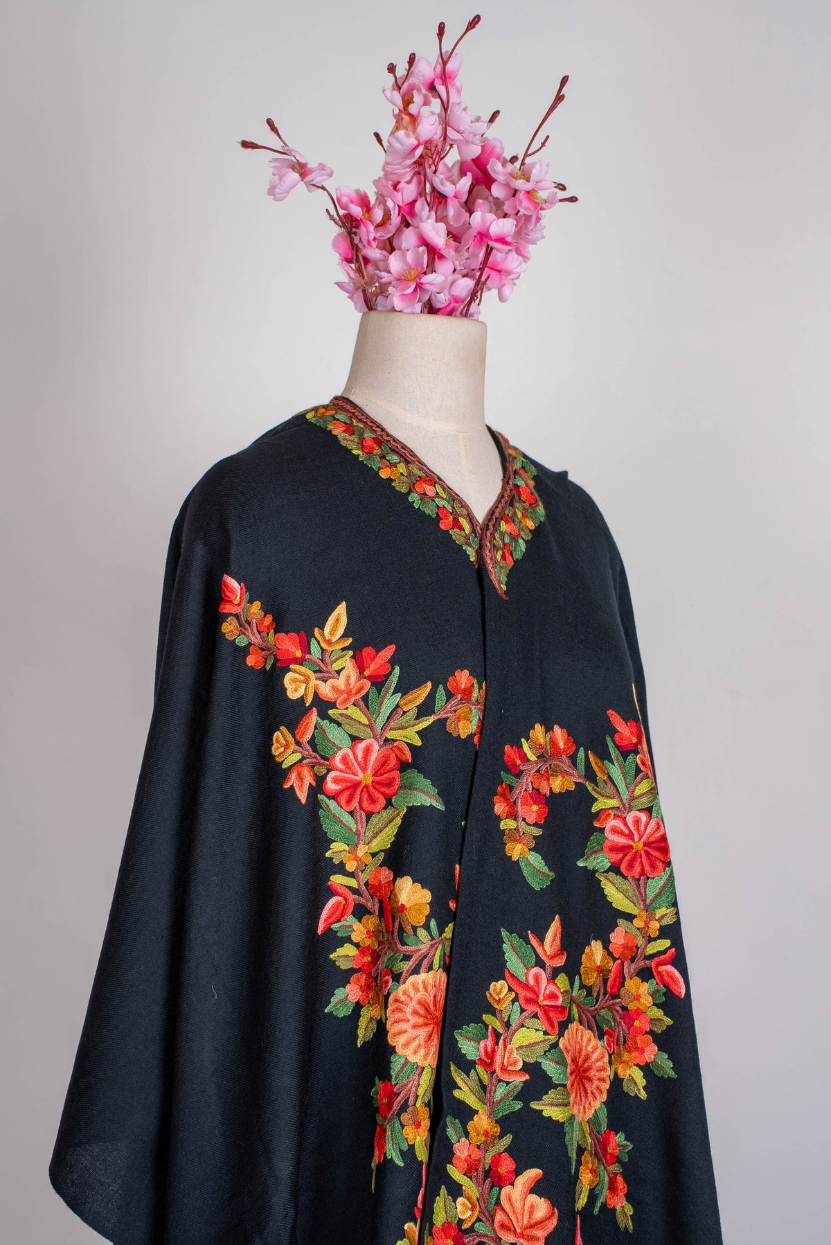 Hand Embroidered Open Front Shawl/Cape with Vibrant Floral Vine Design