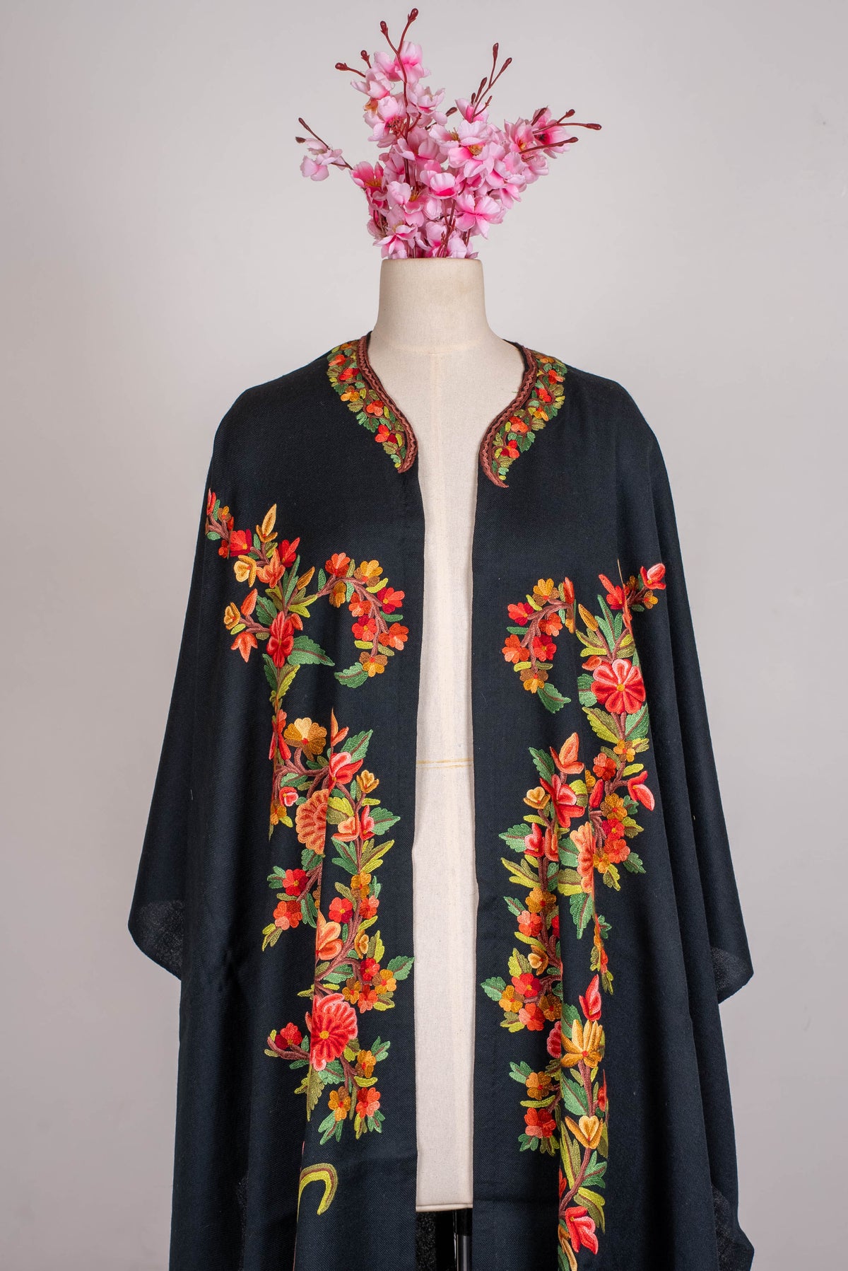 Hand Embroidered Open Front Shawl/Cape with Vibrant Floral Vine Design