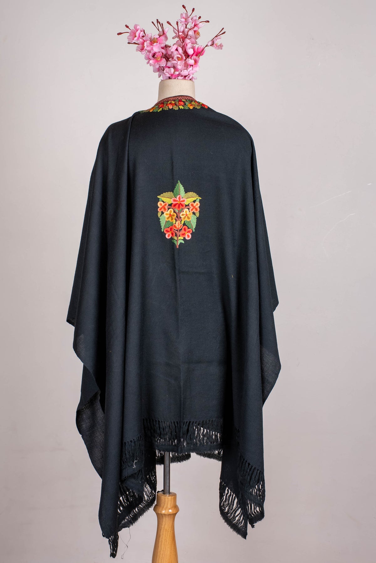 Hand Embroidered Open Front Shawl/Cape with Vibrant Floral Vine Design