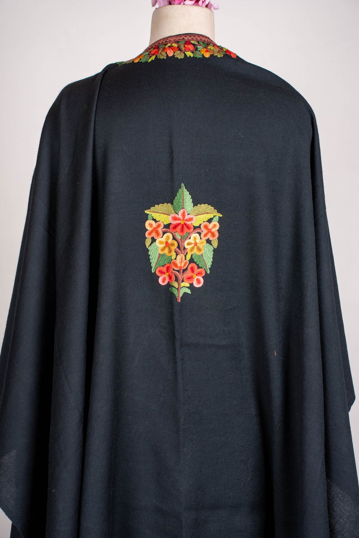 Hand Embroidered Open Front Shawl/Cape with Vibrant Floral Vine Design