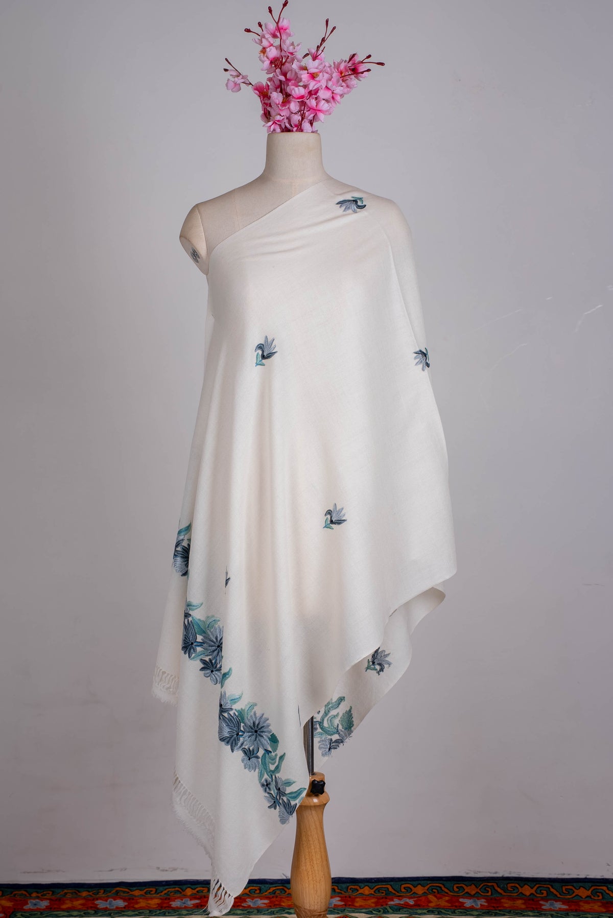 Fine Merino Wool Aari Hand Embroidered Scarf with Blue Floral Accents