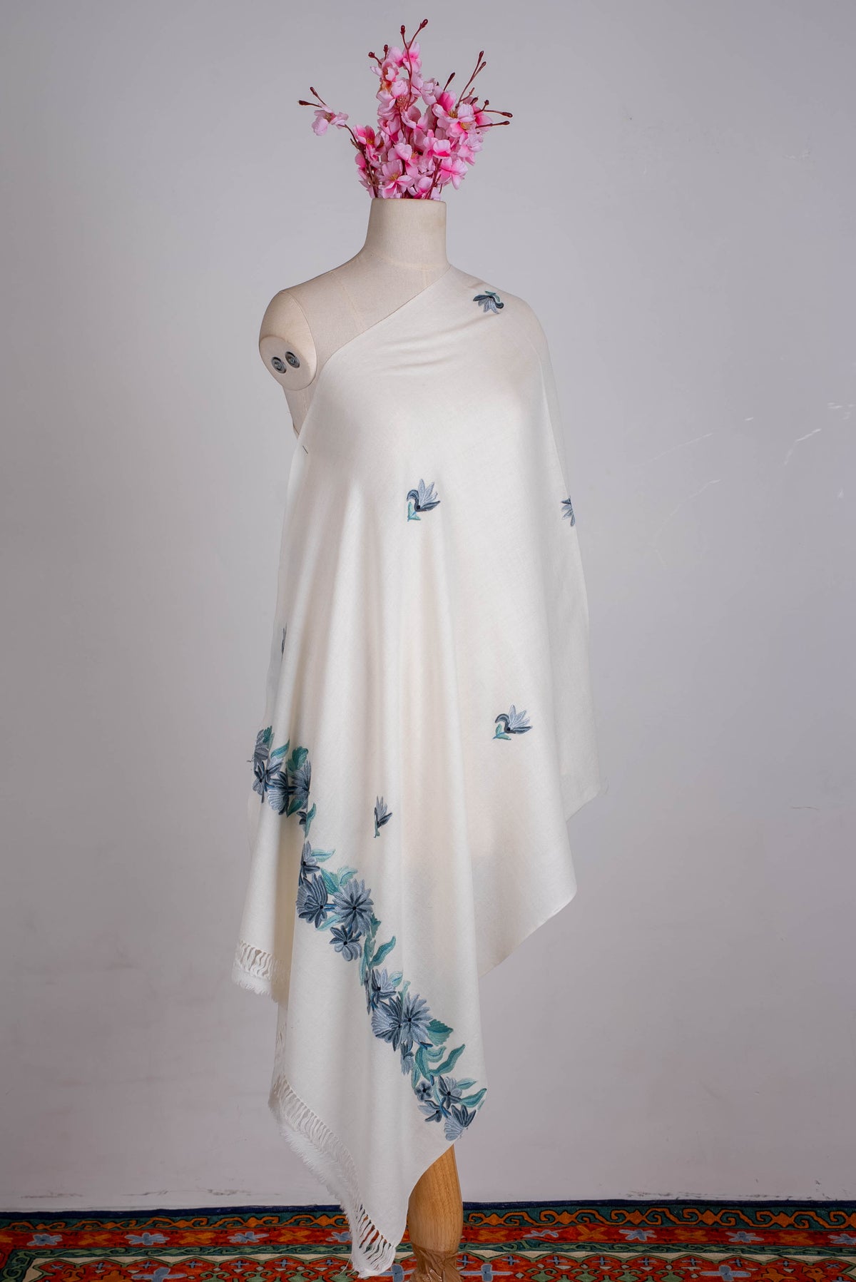 Fine Merino Wool Aari Hand Embroidered Scarf with Blue Floral Accents