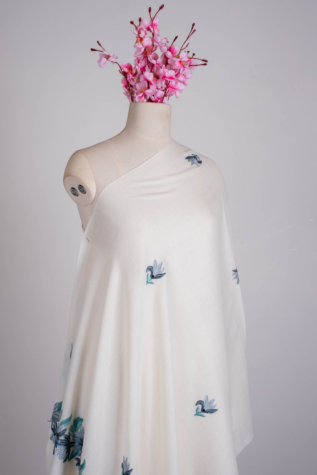 Fine Merino Wool Aari Hand Embroidered Scarf with Blue Floral Accents