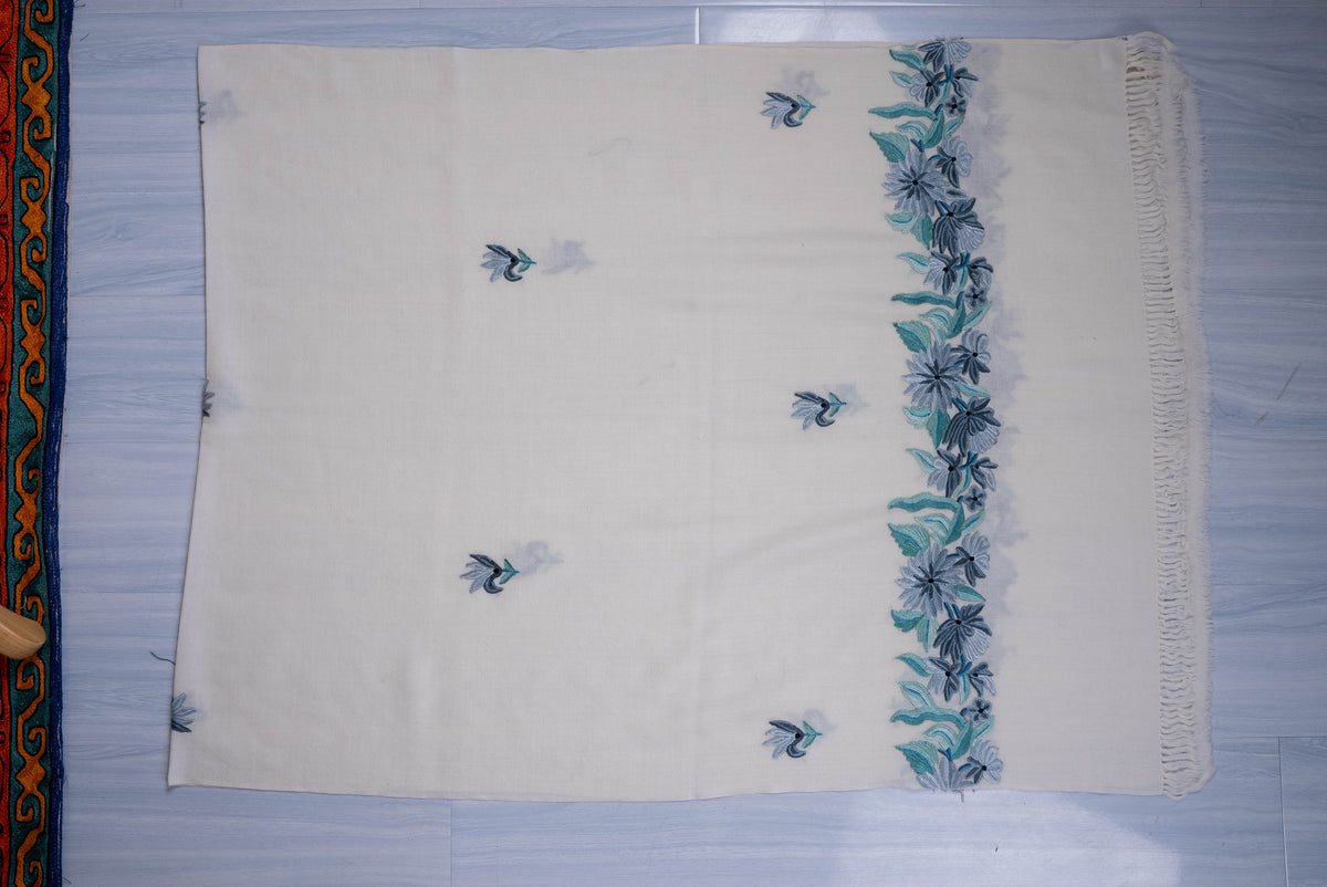 Fine Merino Wool Aari Hand Embroidered Scarf with Blue Floral Accents