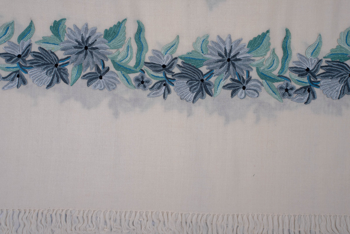 Fine Merino Wool Aari Hand Embroidered Scarf with Blue Floral Accents