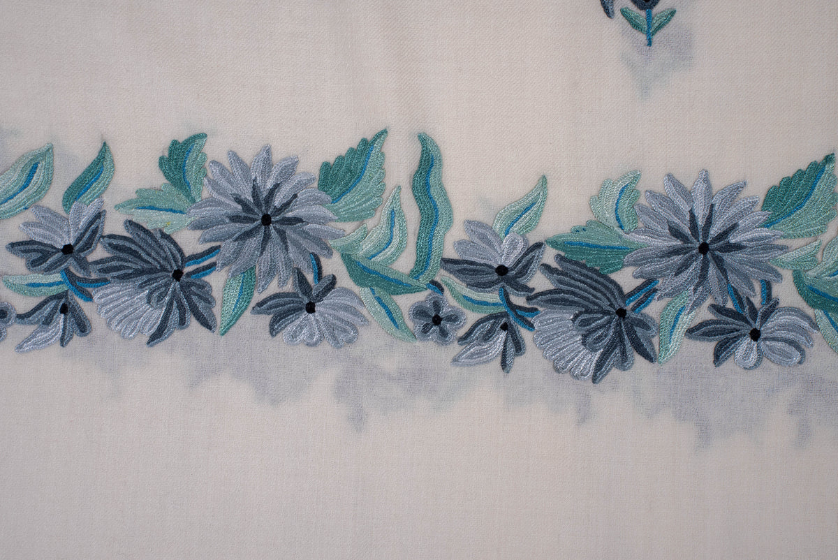 Fine Merino Wool Aari Hand Embroidered Scarf with Blue Floral Accents