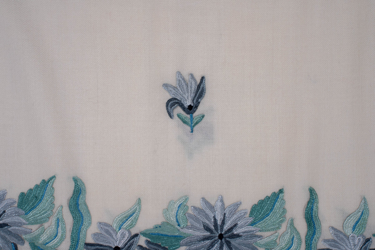 Fine Merino Wool Aari Hand Embroidered Scarf with Blue Floral Accents