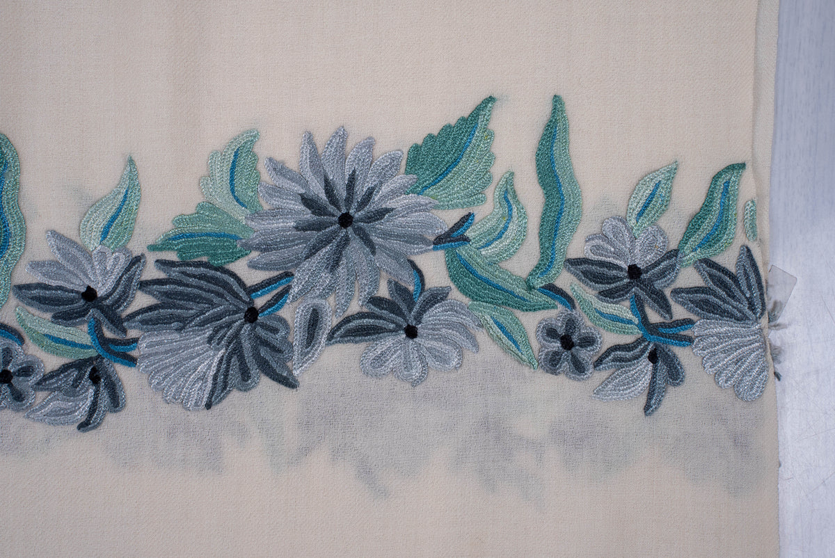 Fine Merino Wool Aari Hand Embroidered Scarf with Blue Floral Accents