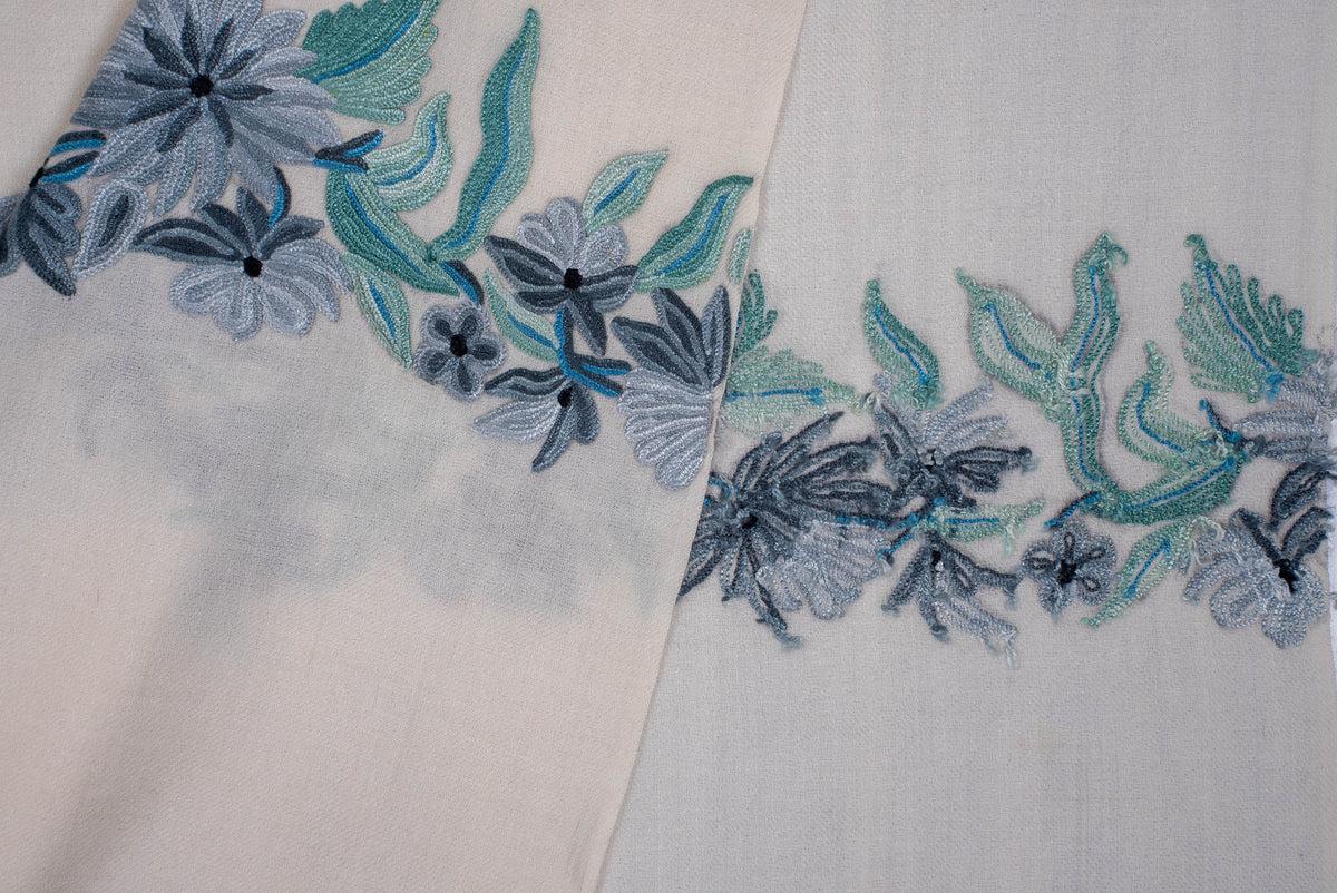 Fine Merino Wool Aari Hand Embroidered Scarf with Blue Floral Accents