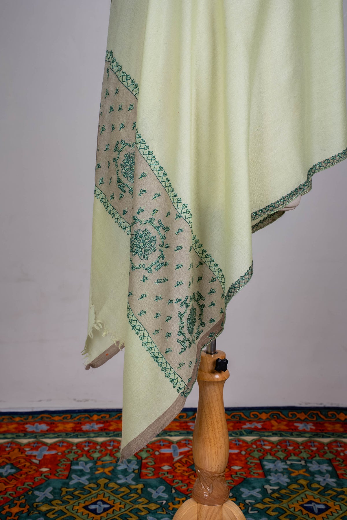 Fine Merino Wool Aari Hand Embroidered Scarf with Green Heritage Motifs