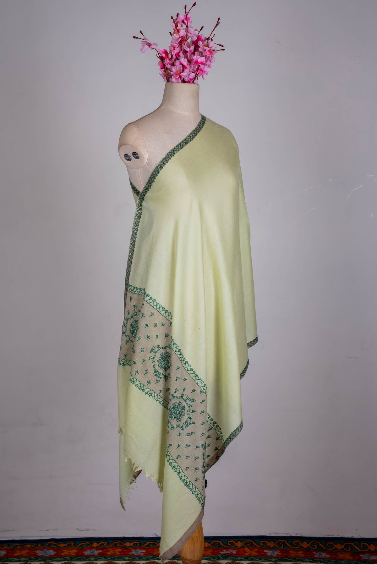 Fine Merino Wool Aari Hand Embroidered Scarf with Green Heritage Motifs