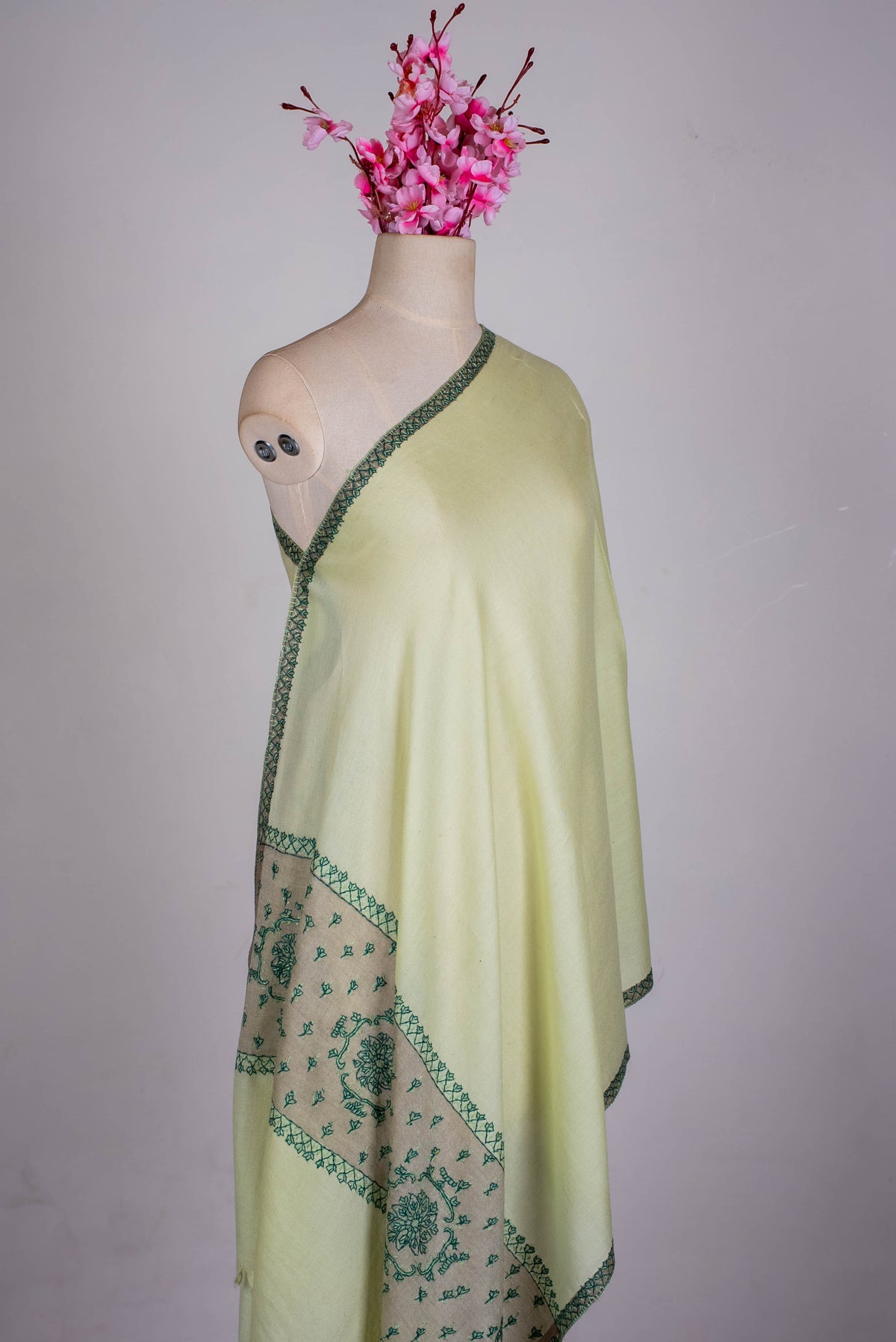 Fine Merino Wool Aari Hand Embroidered Scarf with Green Heritage Motifs