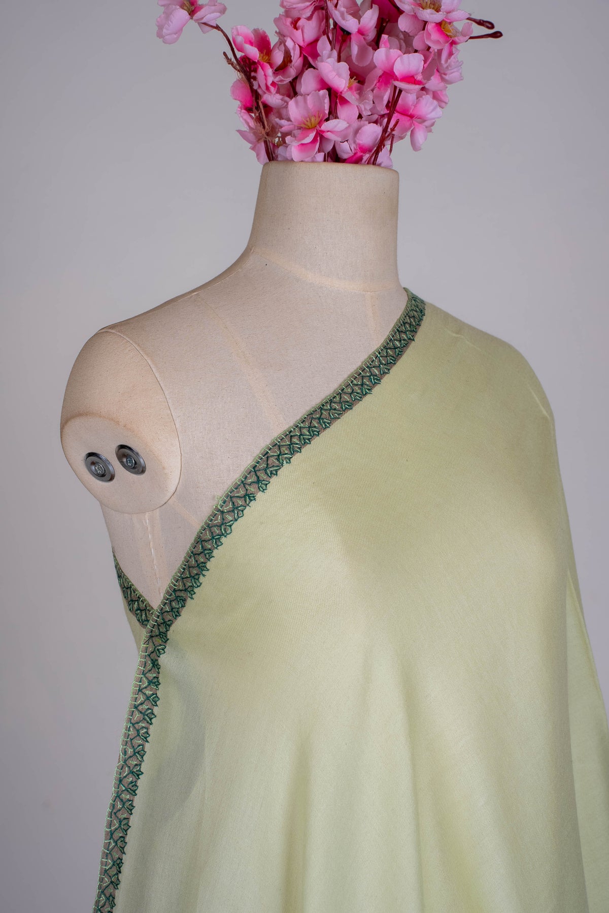 Fine Merino Wool Aari Hand Embroidered Scarf with Green Heritage Motifs