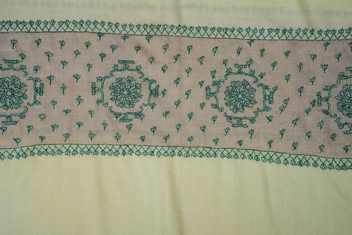 Fine Merino Wool Aari Hand Embroidered Scarf with Green Heritage Motifs