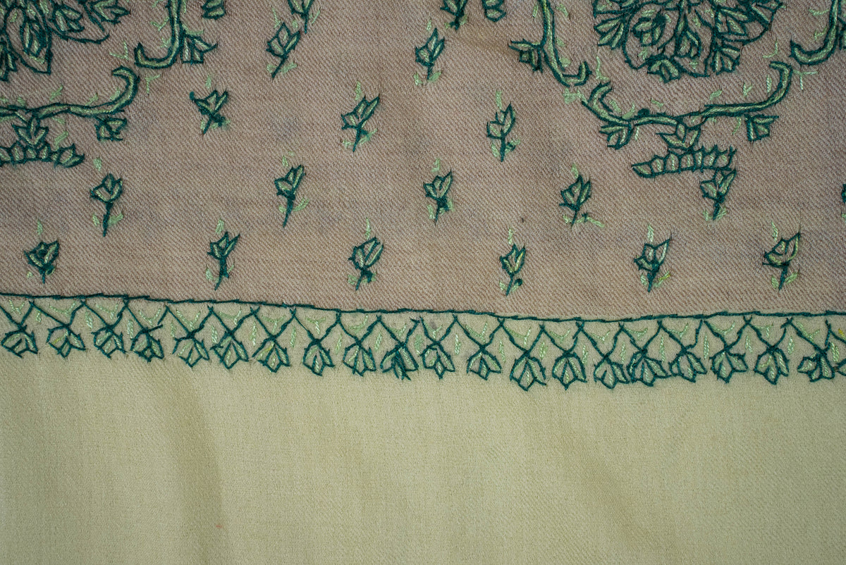 Fine Merino Wool Aari Hand Embroidered Scarf with Green Heritage Motifs