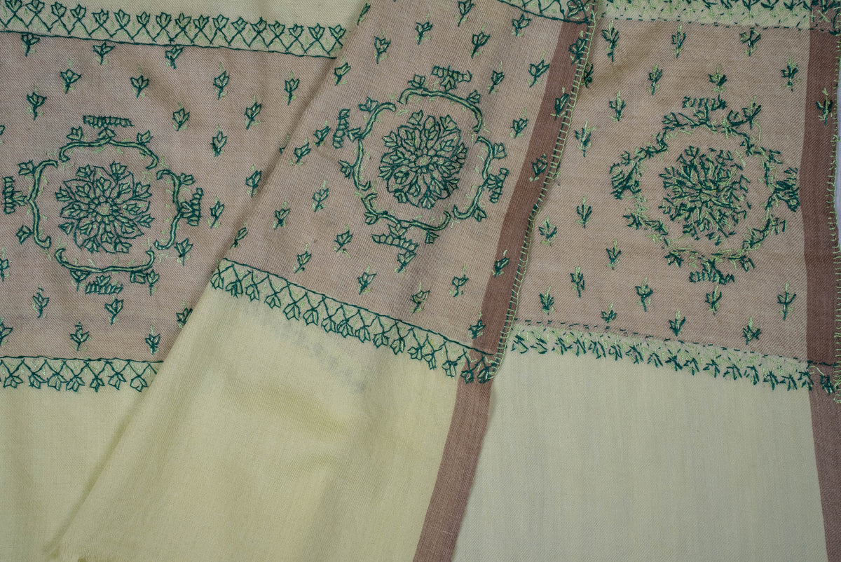 Fine Merino Wool Aari Hand Embroidered Scarf with Green Heritage Motifs