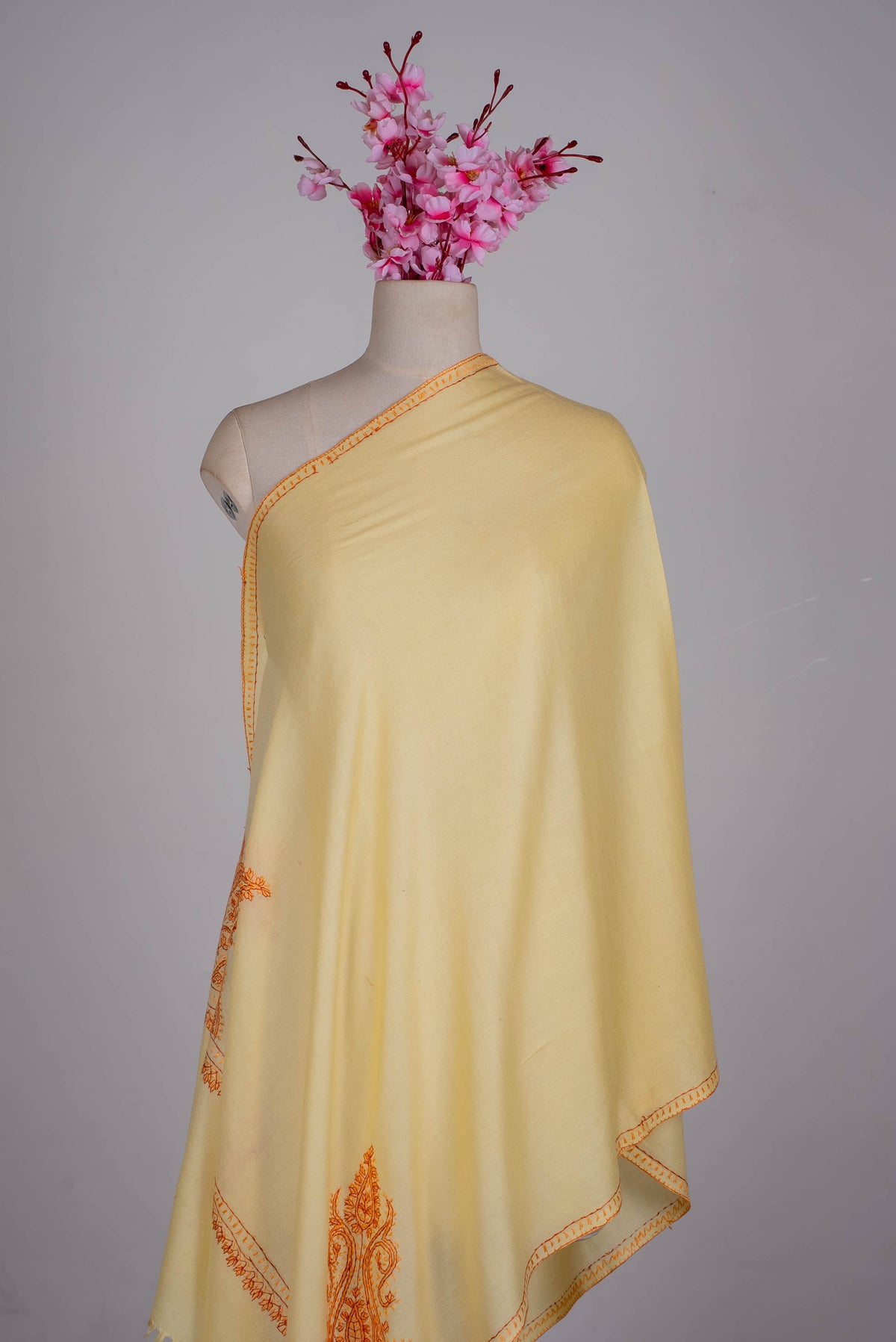 Fine Merino Wool Aari Hand Embroidered Scarf with Orange Paisley Corner Design