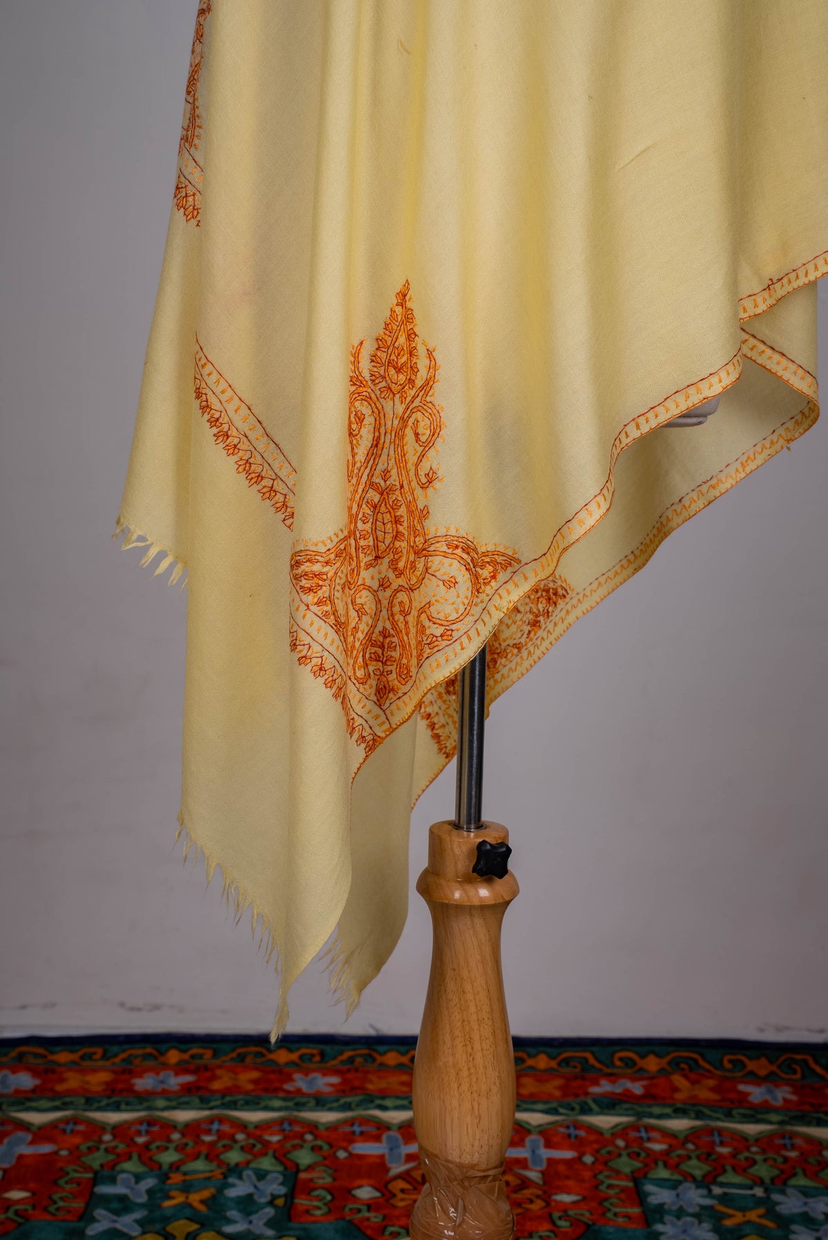 Fine Merino Wool Aari Hand Embroidered Scarf with Orange Paisley Corner Design