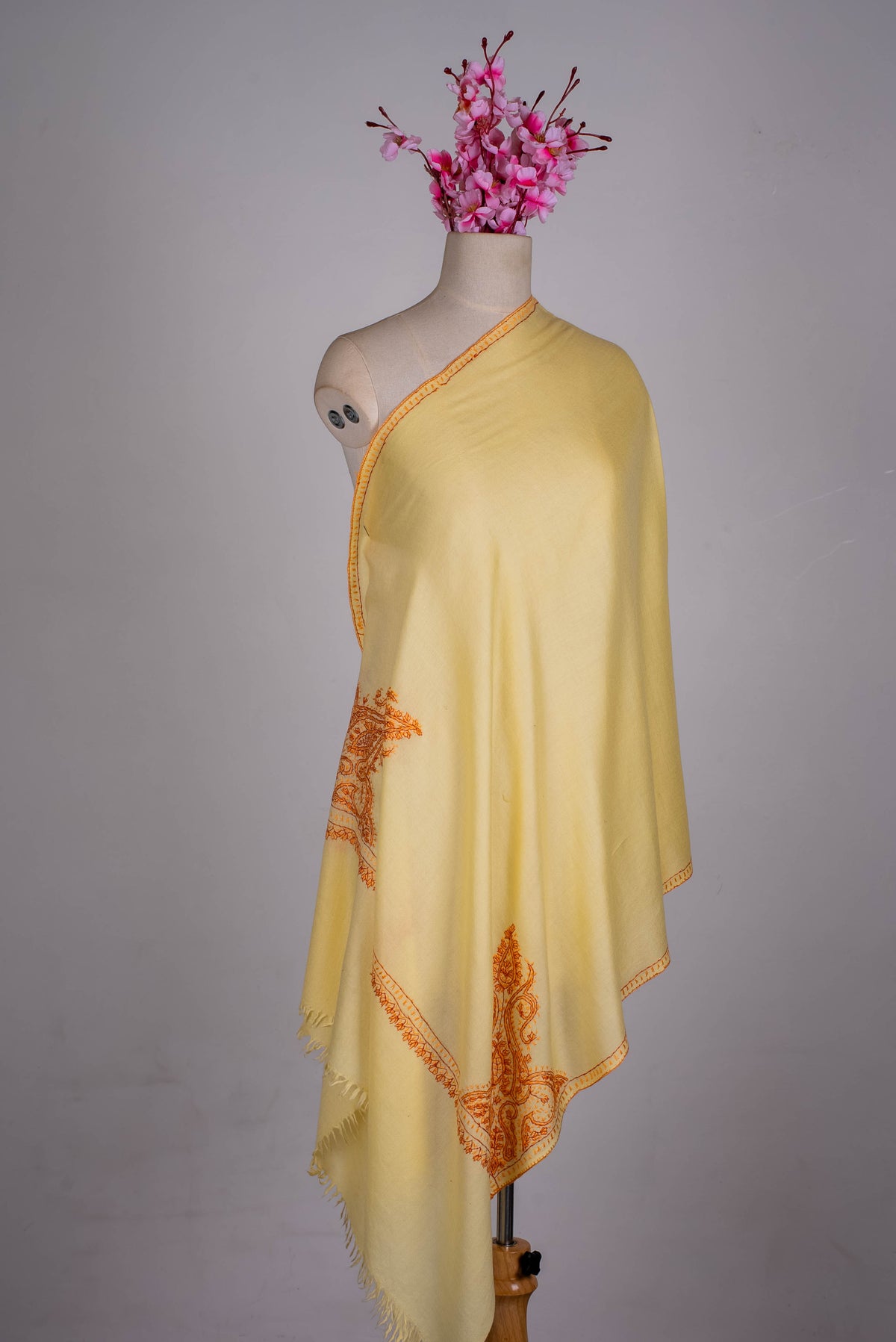 Fine Merino Wool Aari Hand Embroidered Scarf with Orange Paisley Corner Design