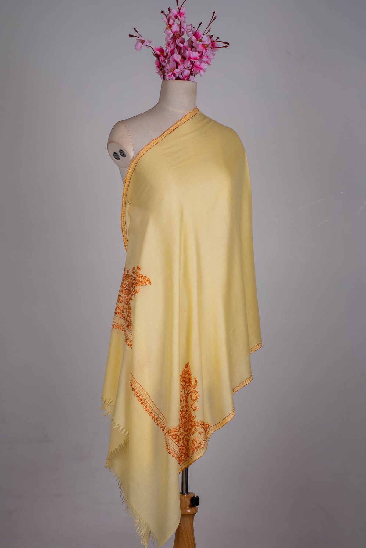 Fine Merino Wool Aari Hand Embroidered Scarf with Orange Paisley Corner Design