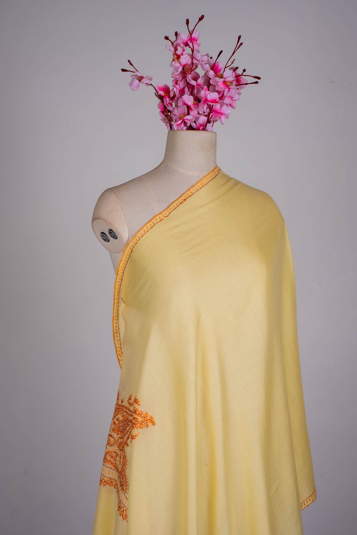Fine Merino Wool Aari Hand Embroidered Scarf with Orange Paisley Corner Design