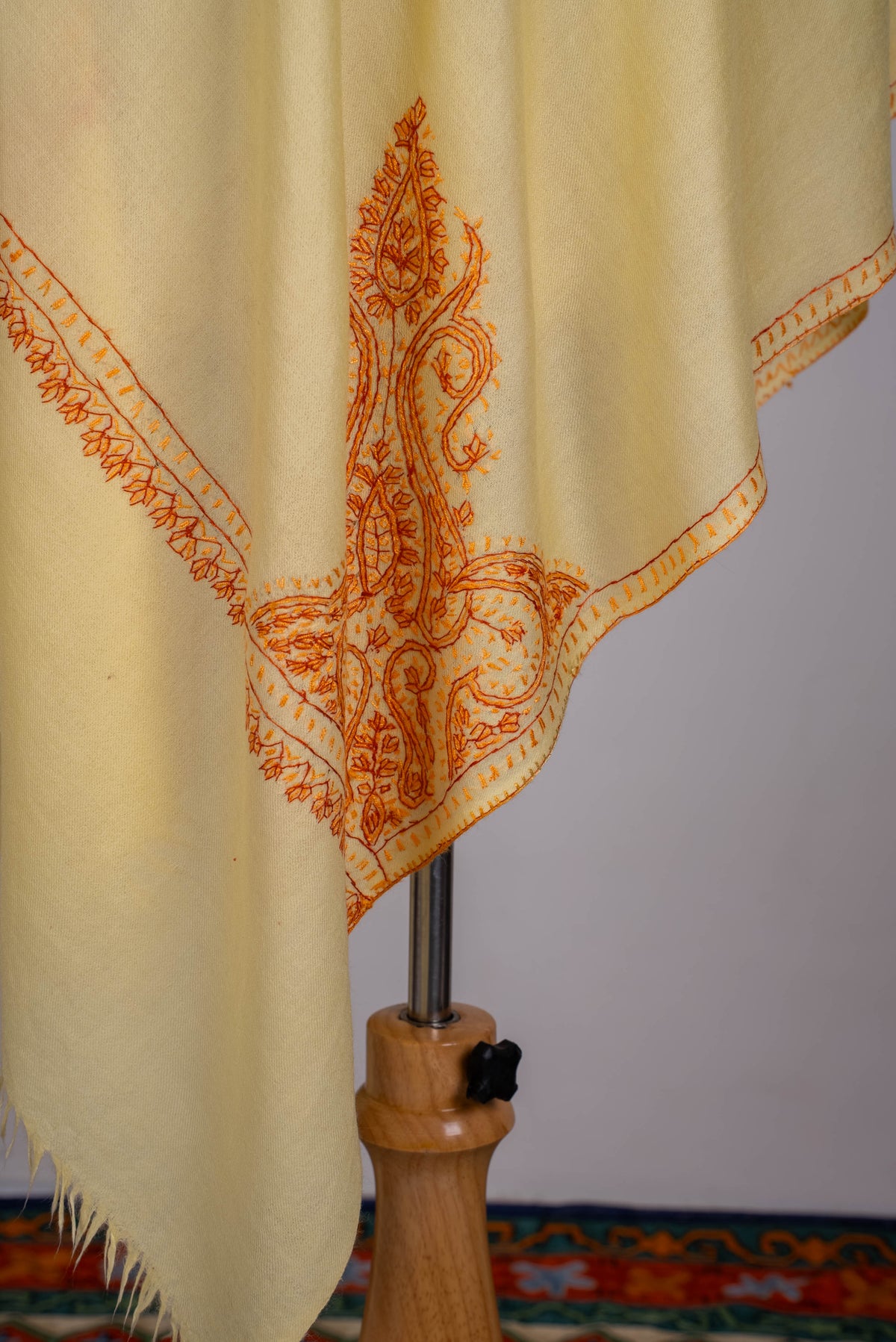 Fine Merino Wool Aari Hand Embroidered Scarf with Orange Paisley Corner Design
