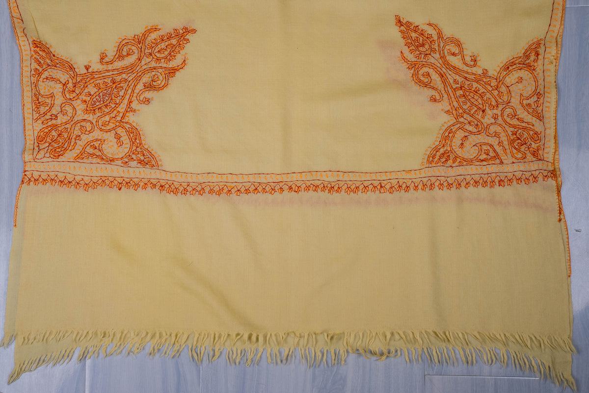 Fine Merino Wool Aari Hand Embroidered Scarf with Orange Paisley Corner Design