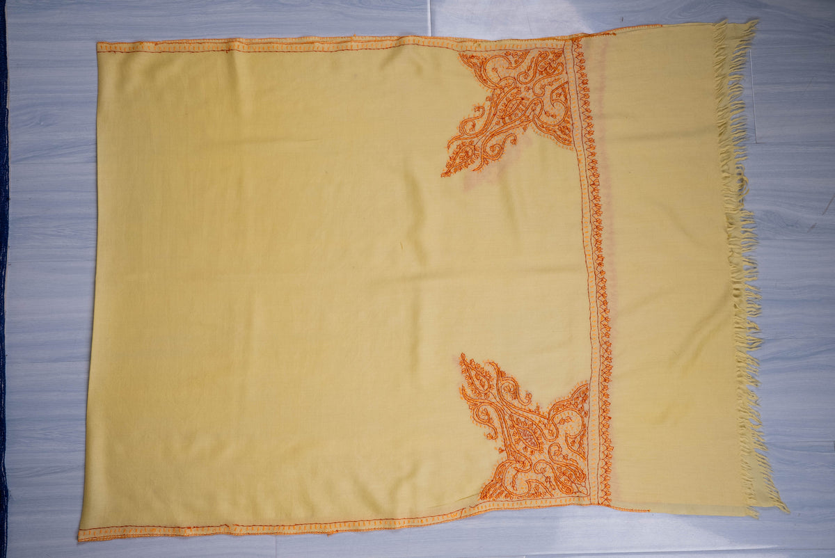 Fine Merino Wool Aari Hand Embroidered Scarf with Orange Paisley Corner Design