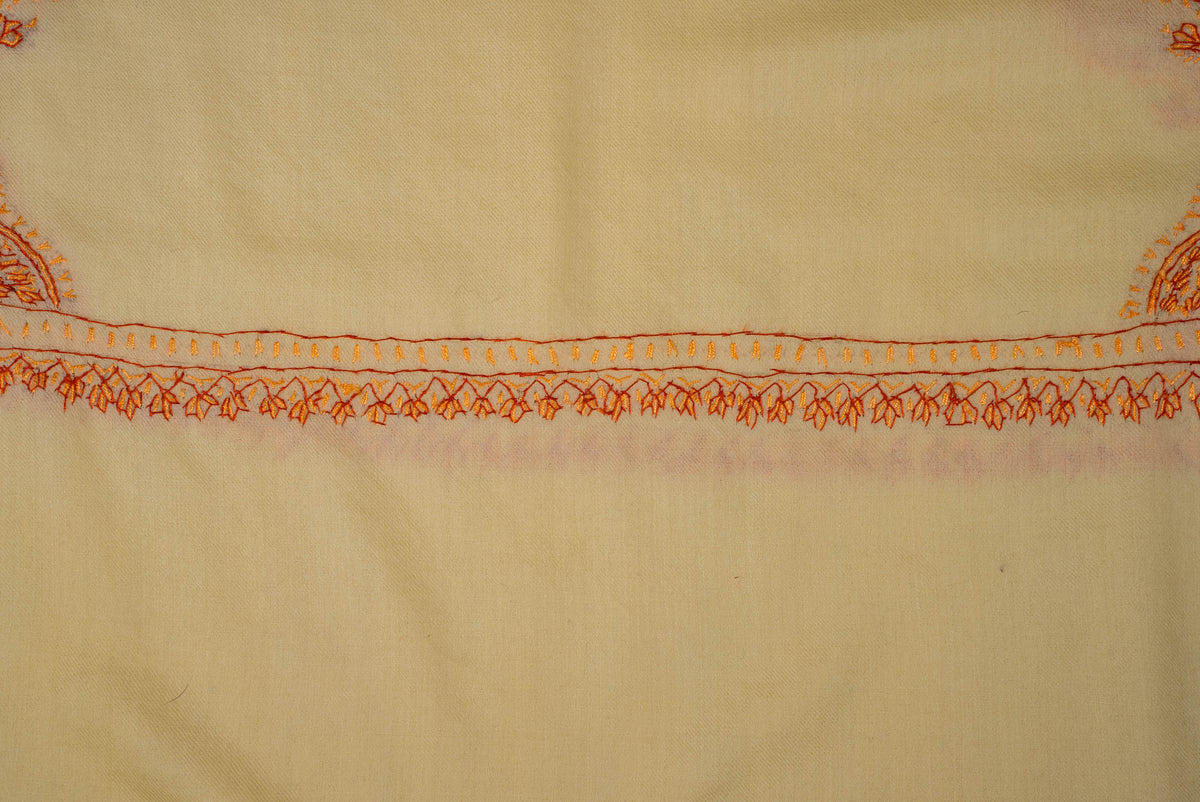Fine Merino Wool Aari Hand Embroidered Scarf with Orange Paisley Corner Design