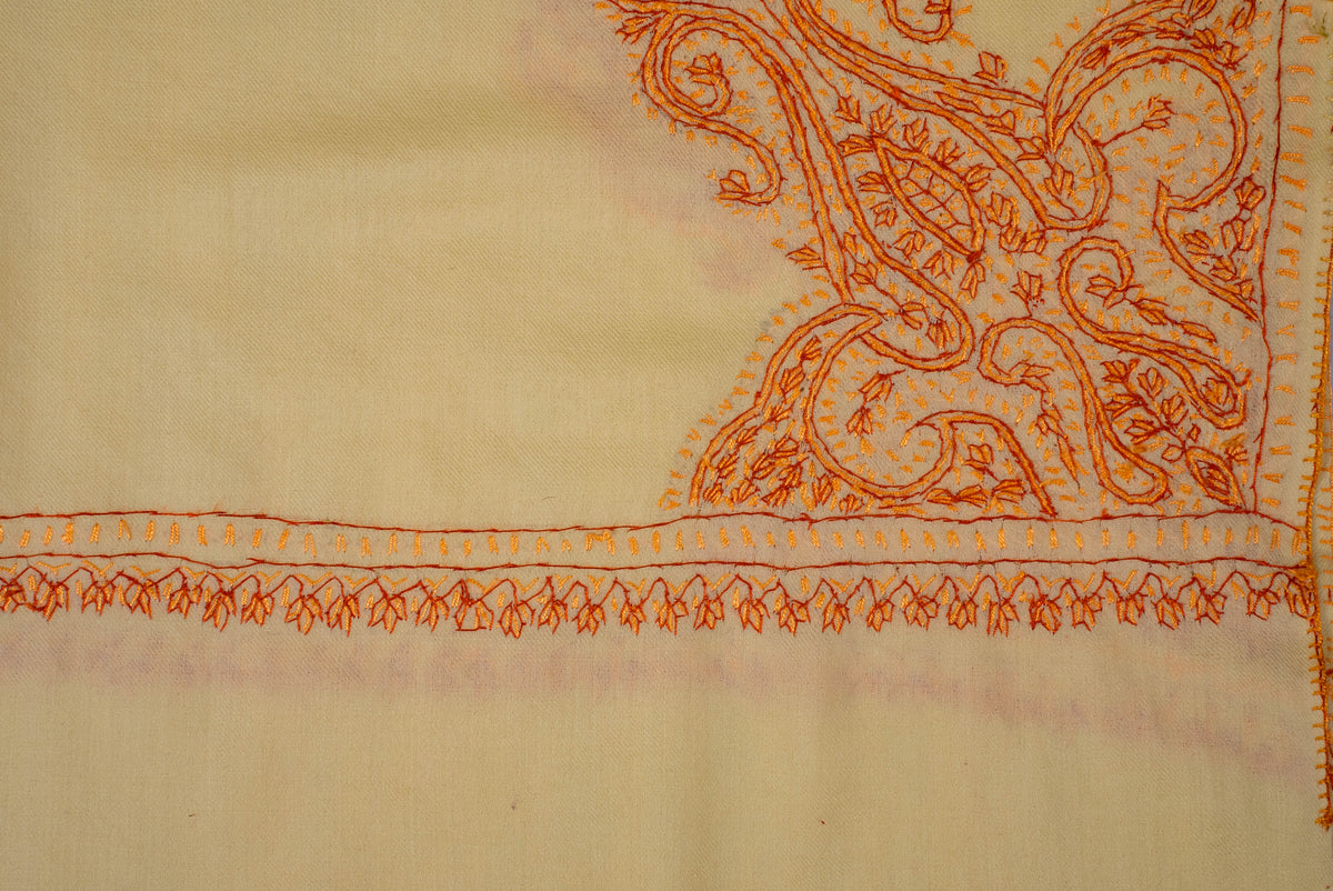Fine Merino Wool Aari Hand Embroidered Scarf with Orange Paisley Corner Design